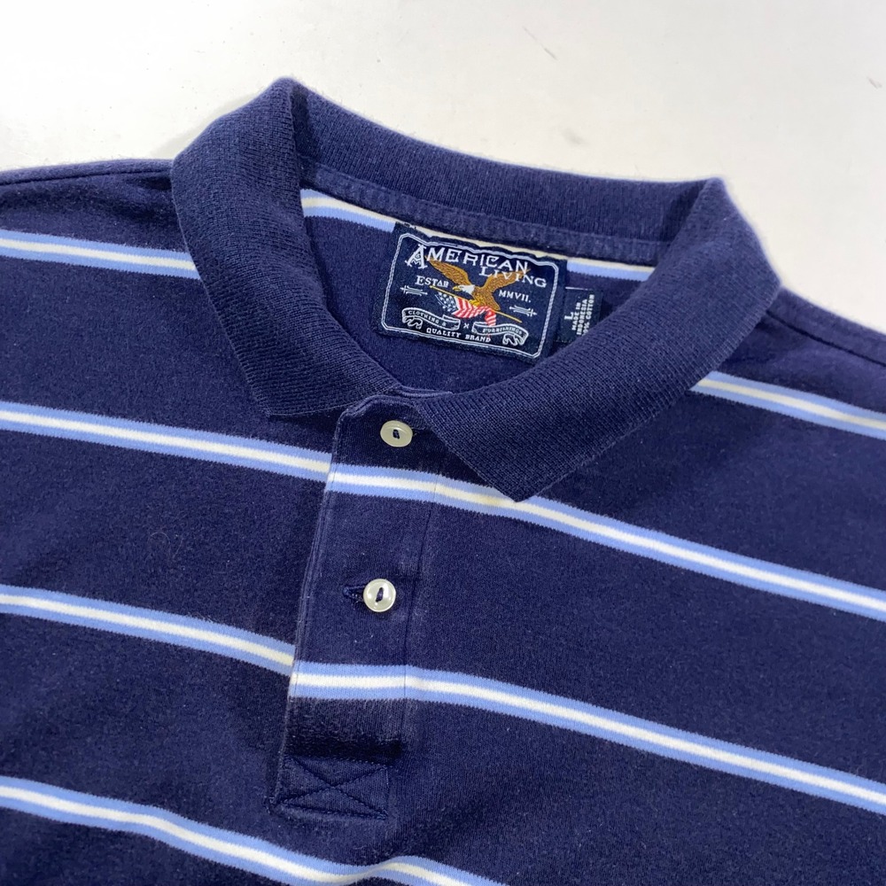 American Living Mens Large Navy Blue Striped Short Sleeve Cotton Polo Shirt